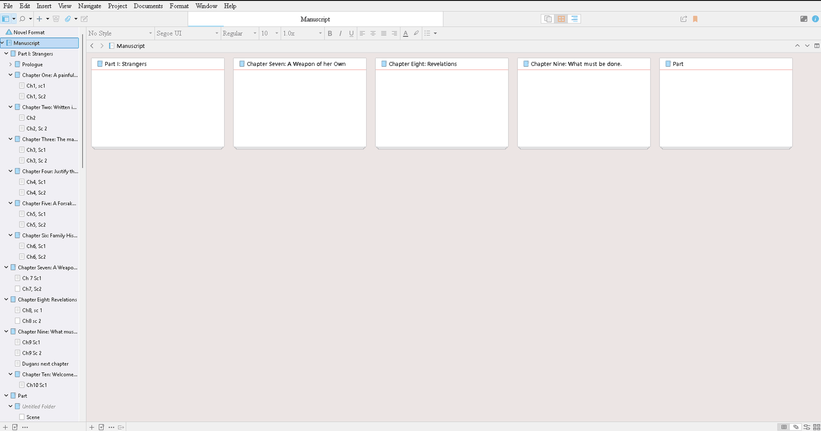 Scrivener's corkboard view showing index cards for each chapter